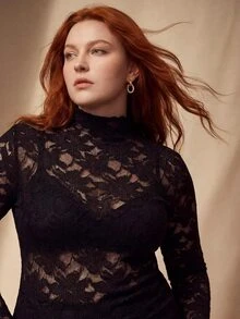 MOTF PREMIUM PLUS SIZE LACE STAND COLLAR LONG SLEEVE SLIM FIT T-SHIRT FALL - Black - View 2