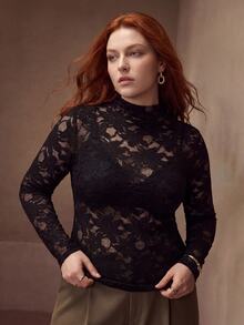 MOTF PREMIUM PLUS SIZE LACE STAND COLLAR LONG SLEEVE SLIM FIT T-SHIRT FALL - Black - View 7