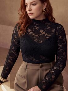 MOTF PREMIUM PLUS SIZE LACE STAND COLLAR LONG SLEEVE SLIM FIT T-SHIRT FALL - Black - View 4