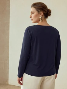 MOTF PREMIUM PLUS SIZE WOMEN ASYMMETRICAL NECKLINE ELEGANT T-SHIRT FALL - Navy Blue - View 4