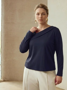 MOTF PREMIUM PLUS SIZE WOMEN ASYMMETRICAL NECKLINE ELEGANT T-SHIRT FALL - Navy Blue - View 5