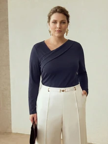 MOTF PREMIUM PLUS SIZE WOMEN ASYMMETRICAL NECKLINE ELEGANT T-SHIRT FALL - Navy Blue - View 6