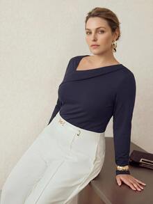 MOTF PREMIUM PLUS SIZE WOMEN ASYMMETRICAL NECKLINE ELEGANT T-SHIRT FALL - Navy Blue - View 3