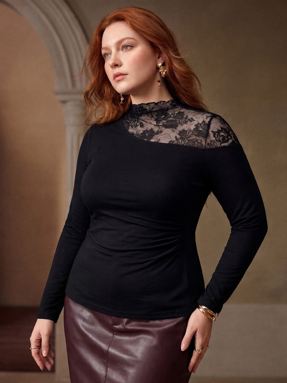 MOTF WOMEN'S PLUS SIZE LACE PATCHWORK KNIT WOOL BLEND T-SHIRT FALL