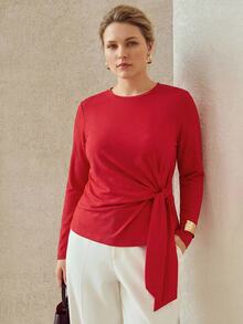 MOTF PREMIUM PLUS SIZE WOMEN'S MINIMALIST BASIC TIE-UP RIBBON KNIT AUTUMN/WINTER LONG SLEEVE TEE FALL - Red - View 3