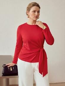 MOTF PREMIUM PLUS SIZE WOMEN'S MINIMALIST BASIC TIE-UP RIBBON KNIT AUTUMN/WINTER LONG SLEEVE TEE FALL - Red - View 5