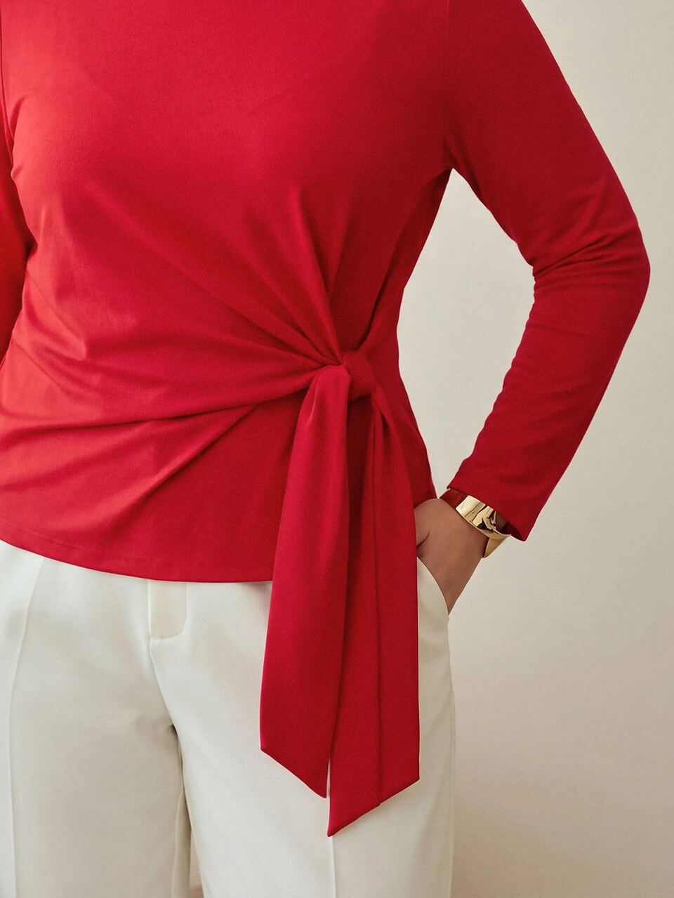 MOTF PLUS SIZE WOMEN'S MINIMALIST BASIC TIE-UP RIBBON KNIT AUTUMN/WINTER LONG SLEEVE TEE FALL