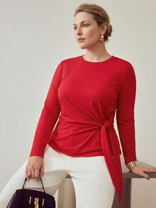 MOTF PREMIUM PLUS SIZE WOMEN'S MINIMALIST BASIC TIE-UP RIBBON KNIT AUTUMN/WINTER LONG SLEEVE TEE FALL - Red - View 7