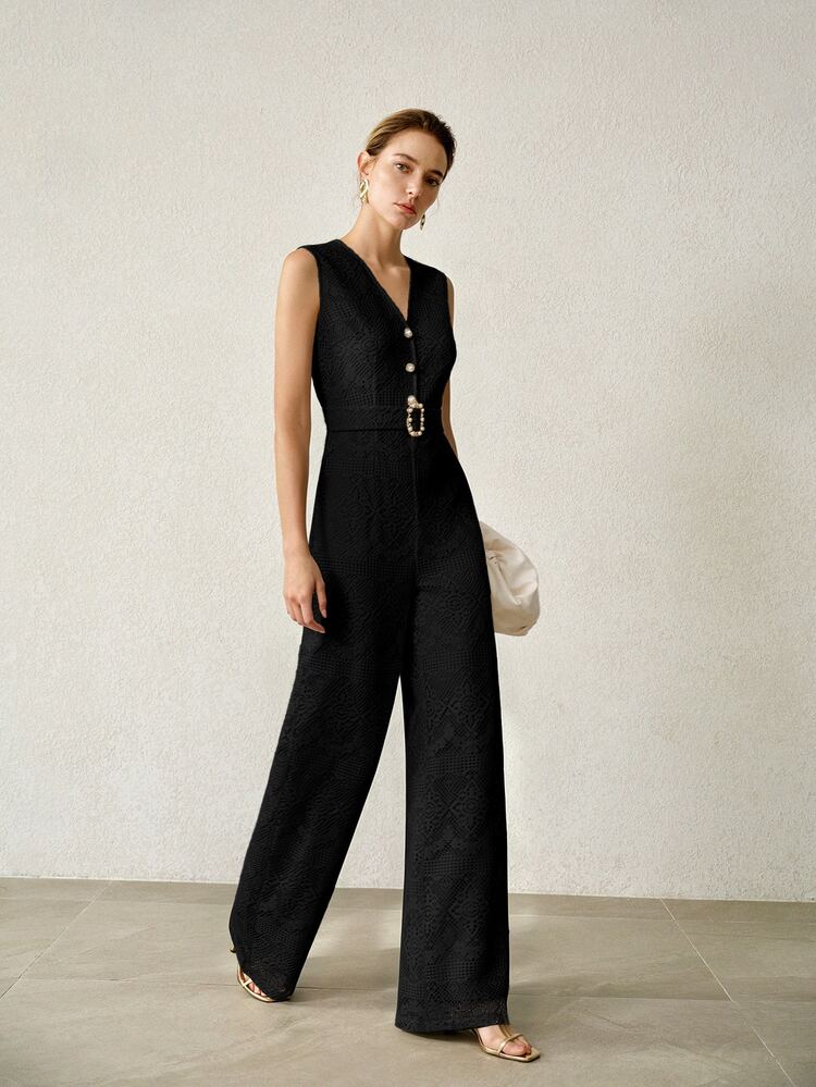 MOTF PREMIUM FRENCH ELEGANT DESIGN DECORATIVE BELT V-NECK SLEEVELESS HIGH WAIST SLIMMING WIDE LEG WOMEN'S JUMPSUIT - Black - View 7