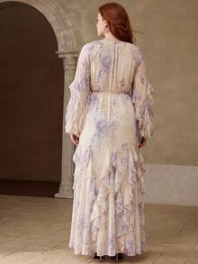 MOTF PREMIUM VESTIDO TALLA GRANDE CON ESTAMPADO FLORAL ROMÁNTICO Y VOLANTE EN EL BAJO - Albaricoque - Ver 7
