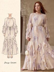 MOTF PREMIUM VESTIDO TALLA GRANDE CON ESTAMPADO FLORAL ROMÁNTICO Y VOLANTE EN EL BAJO - Albaricoque - Ver 1
