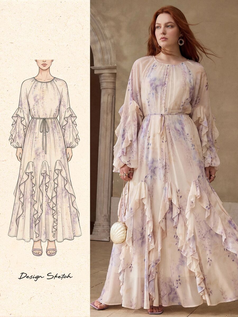 MOTF PREMIUM VESTIDO TALLA GRANDE CON ESTAMPADO FLORAL ROMÁNTICO Y VOLANTE EN EL BAJO - Albaricoque - Ver 1