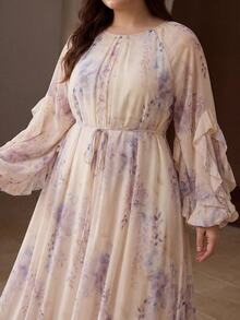 MOTF PREMIUM VESTIDO TALLA GRANDE CON ESTAMPADO FLORAL ROMÁNTICO Y VOLANTE EN EL BAJO - Albaricoque - Ver 2