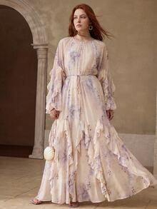 MOTF PREMIUM VESTIDO TALLA GRANDE CON ESTAMPADO FLORAL ROMÁNTICO Y VOLANTE EN EL BAJO - Albaricoque - Ver 6