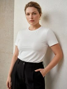 MOTF PREMIUM PLUS SIZE WOMEN'S FASHIONABLE ELEGANT DESIGN COMMUTER ROUND NECK SHORT SLEEVE T-SHIRT - White - View 4