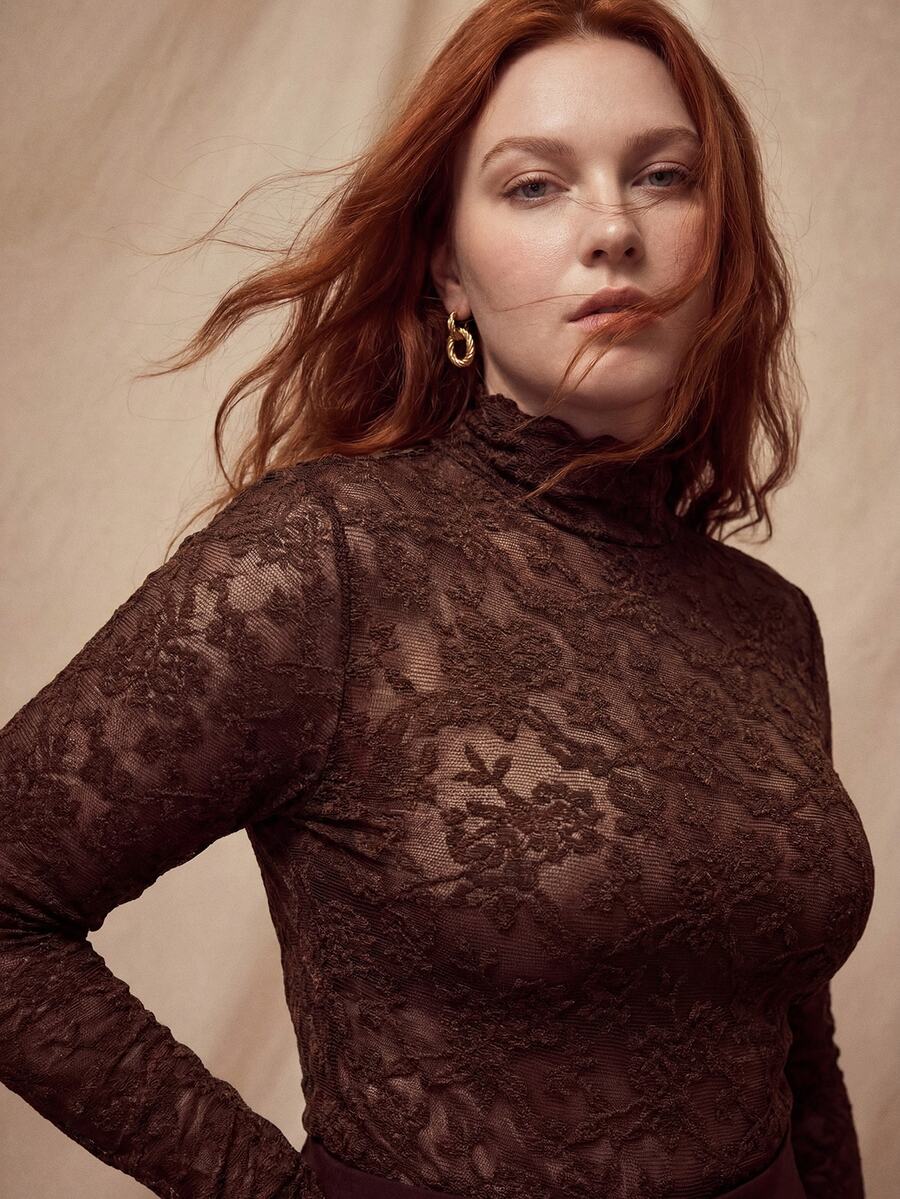 MOTF PREMIUM PLUS SIZE TEXTURED LACE FASHION VERSATILE SEMI-SHEER HIGH NECK LONG SLEEVE BASE LAYER TOP FOR WOMEN WINTER - Coffee Brown - View 2