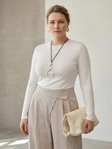 MOTF PREMIUM PLUS SIZE WOMEN'S FASHION COMMUTE DAILY KNIT LONG SLEEVE CREW NECK T-SHIRT TOP FALL - White - View 8