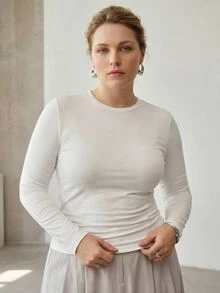MOTF PREMIUM PLUS SIZE WOMEN'S FASHION COMMUTE DAILY KNIT LONG SLEEVE CREW NECK T-SHIRT TOP FALL - White - View 3
