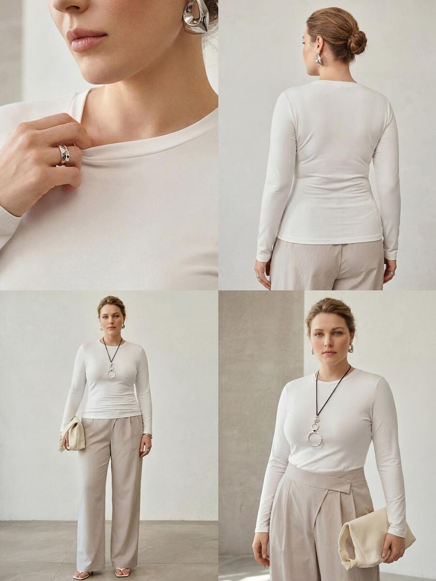 MOTF PREMIUM PLUS SIZE WOMEN'S FASHION COMMUTE DAILY KNIT LONG SLEEVE CREW NECK T-SHIRT TOP FALL - White - View 1