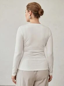 MOTF PREMIUM PLUS SIZE WOMEN'S FASHION COMMUTE DAILY KNIT LONG SLEEVE CREW NECK T-SHIRT TOP FALL - White - View 5