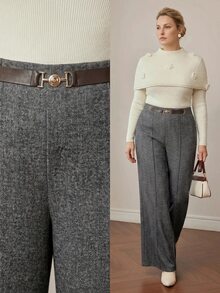 MOTF PREMIUM CELANA PAKET KOMUT WANITA UKURAN BESAR DARI WOL MOTIF HERRINGBONE ELEGAN UNTUK MUSIM GUGUR/DINGIN - Grey - View 1