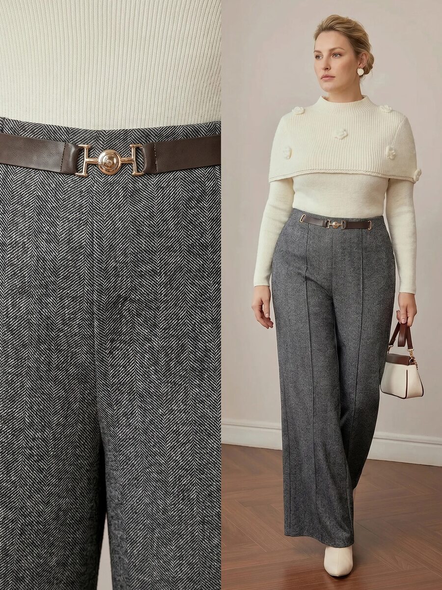 MOTF PREMIUM CELANA PAKET KOMUT WANITA UKURAN BESAR DARI WOL MOTIF HERRINGBONE ELEGAN UNTUK MUSIM GUGUR/DINGIN - Grey - View 1
