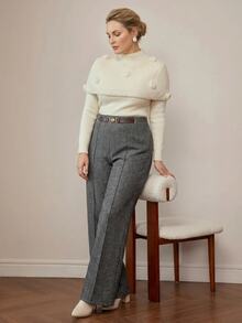 MOTF PREMIUM CELANA PAKET KOMUT WANITA UKURAN BESAR DARI WOL MOTIF HERRINGBONE ELEGAN UNTUK MUSIM GUGUR/DINGIN - Grey - View 4