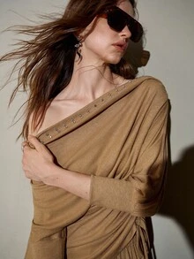 MOTF PREMIUM WOMEN'S AUTUMN/WINTER STUDDED DESIGN ASYMMETRIC SHOULDER KNIT TOP & SKIRT 2 PIECES SET - Brown - View 2