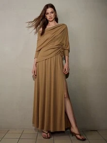 MOTF PREMIUM WOMEN'S AUTUMN/WINTER STUDDED DESIGN ASYMMETRIC SHOULDER KNIT TOP & SKIRT 2 PIECES SET - Brown - View 7