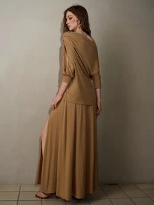 MOTF PREMIUM WOMEN'S AUTUMN/WINTER STUDDED DESIGN ASYMMETRIC SHOULDER KNIT TOP & SKIRT 2 PIECES SET - Brown - View 5