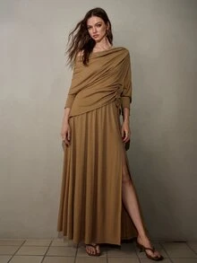 MOTF PREMIUM WOMEN'S AUTUMN/WINTER STUDDED DESIGN ASYMMETRIC SHOULDER KNIT TOP & SKIRT 2 PIECES SET - Brown - View 6