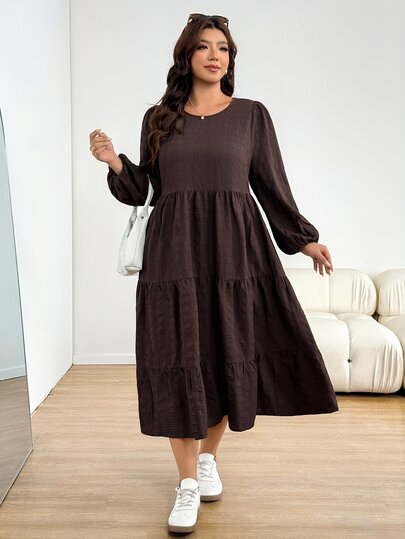 Shapeblank Plus Size Women's Spring/Autumn Fashion Casual Loose Comfortable Daily All-Match Versatile Slimming Textured Fabric Brown Long Sleeve Mid-Length Dress With Pockets, Autumn Outfit, Brown Dress, Minimalist Style