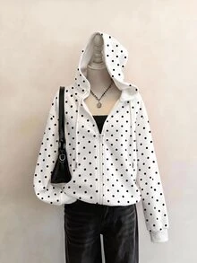 SHEIN EZwear 波點印花連帽衛衣，適合秋季穿著，休閒 Y2K 極簡浪漫復古韓風，黑色波點藍色，日常校園穿搭 - 彩色 - 查看 6