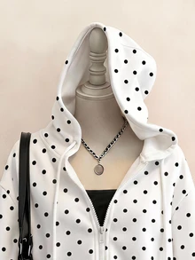 SHEIN EZwear 波點印花連帽衛衣，適合秋季穿著，休閒 Y2K 極簡浪漫復古韓風，黑色波點藍色，日常校園穿搭 - 彩色 - 查看 3