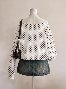 SHEIN EZwear 女款休閒露肩寬鬆波點衛衣，秋冬款，百搭，適合外出、街頭風、日常通勤、約會、派對、夏季、聖誕節、新年、感恩節、婚禮、海灘、畢業典禮，優雅時尚 - 彩色 - 查看 2