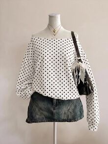 SHEIN EZwear 女款休閒露肩寬鬆波點衛衣，秋冬款，百搭，適合外出、街頭風、日常通勤、約會、派對、夏季、聖誕節、新年、感恩節、婚禮、海灘、畢業典禮，優雅時尚 - 彩色 - 查看 6