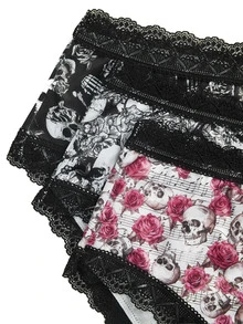 AltBold Women's 3-Piece Skull Gothic Halloween Black Lace Design Triangle Panties - Black - View 5