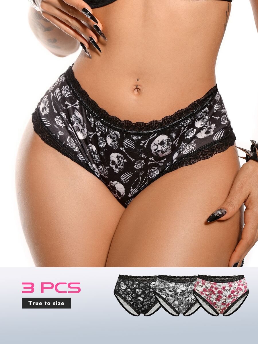 AltBold Women's 3-Piece Skull Gothic Halloween Black Lace Design Triangle Panties - Black - View 1