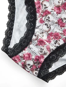AltBold Women's 3-Piece Skull Gothic Halloween Black Lace Design Triangle Panties - Black - View 9