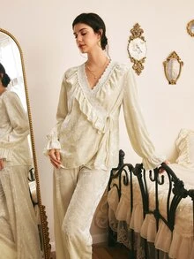 Côtesoire Women's French Lace Patchwork Bell Sleeve Top And Ruffle Hem Long Pants Pajama Set - Apricot - View 5