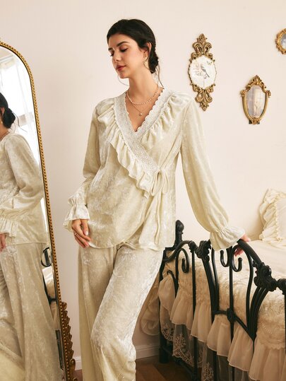 Côtesoire Women's French Lace Patchwork Bell Sleeve Top And Ruffle Hem Long Pants Pajama Set