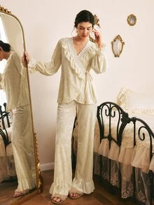 Côtesoire Women's French Lace Patchwork Bell Sleeve Top And Ruffle Hem Long Pants Pajama Set - Apricot - View 6