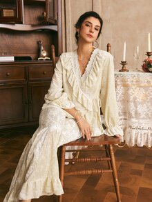 Côtesoire Women's French Lace Patchwork Bell Sleeve Top And Ruffle Hem Long Pants Pajama Set - Apricot - View 1