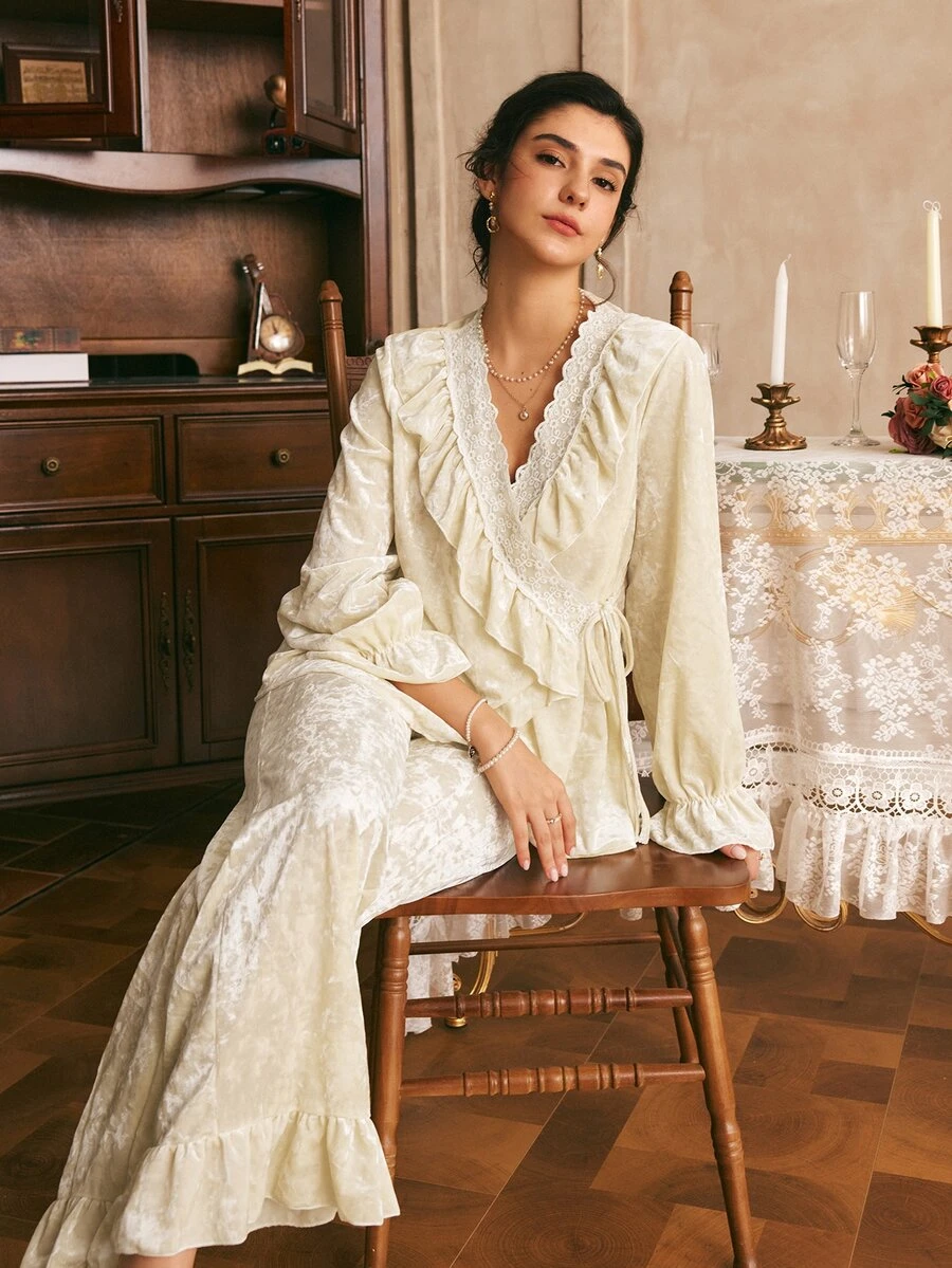 Côtesoire Women's French Lace Patchwork Bell Sleeve Top And Ruffle Hem Long Pants Pajama Set - Apricot - View 1
