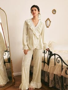 Côtesoire Women's French Lace Patchwork Bell Sleeve Top And Ruffle Hem Long Pants Pajama Set - Apricot - View 4