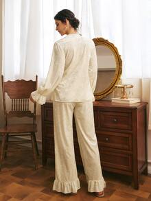 Côtesoire Women's French Lace Patchwork Bell Sleeve Top And Ruffle Hem Long Pants Pajama Set - Apricot - View 2