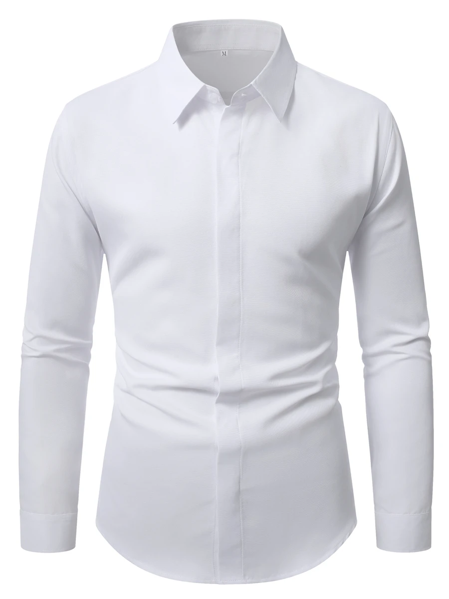 Manfinity Mode Men's Light Business Style All-Match White Shirt With Diagonal Texture Hidden Placket Mature Casual Long Sleeve Shirt For Office Commute Versatile - White - View 1