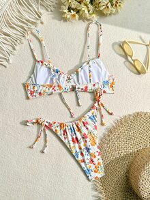 Swim Mod Ladies Spaghetti Strap Floral Print Bikini Top And Tie-Side Bikini Bottom Set (Random Print), Underwire Design, Non-Push Up, Summer Beach - Multicolor - View 2
