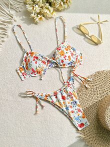 Swim Mod Ladies Spaghetti Strap Floral Print Bikini Top And Tie-Side Bikini Bottom Set (Random Print), Underwire Design, Non-Push Up, Summer Beach - Multicolor - View 3