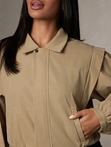 HautureKhaki Short Minimalist Jacket, Lapel Puff Sleeves, Elastic Hem, Casual Street Style Top, Suitable For Daily Wear And Outings, Spring And Autumn - Khaki - View 6